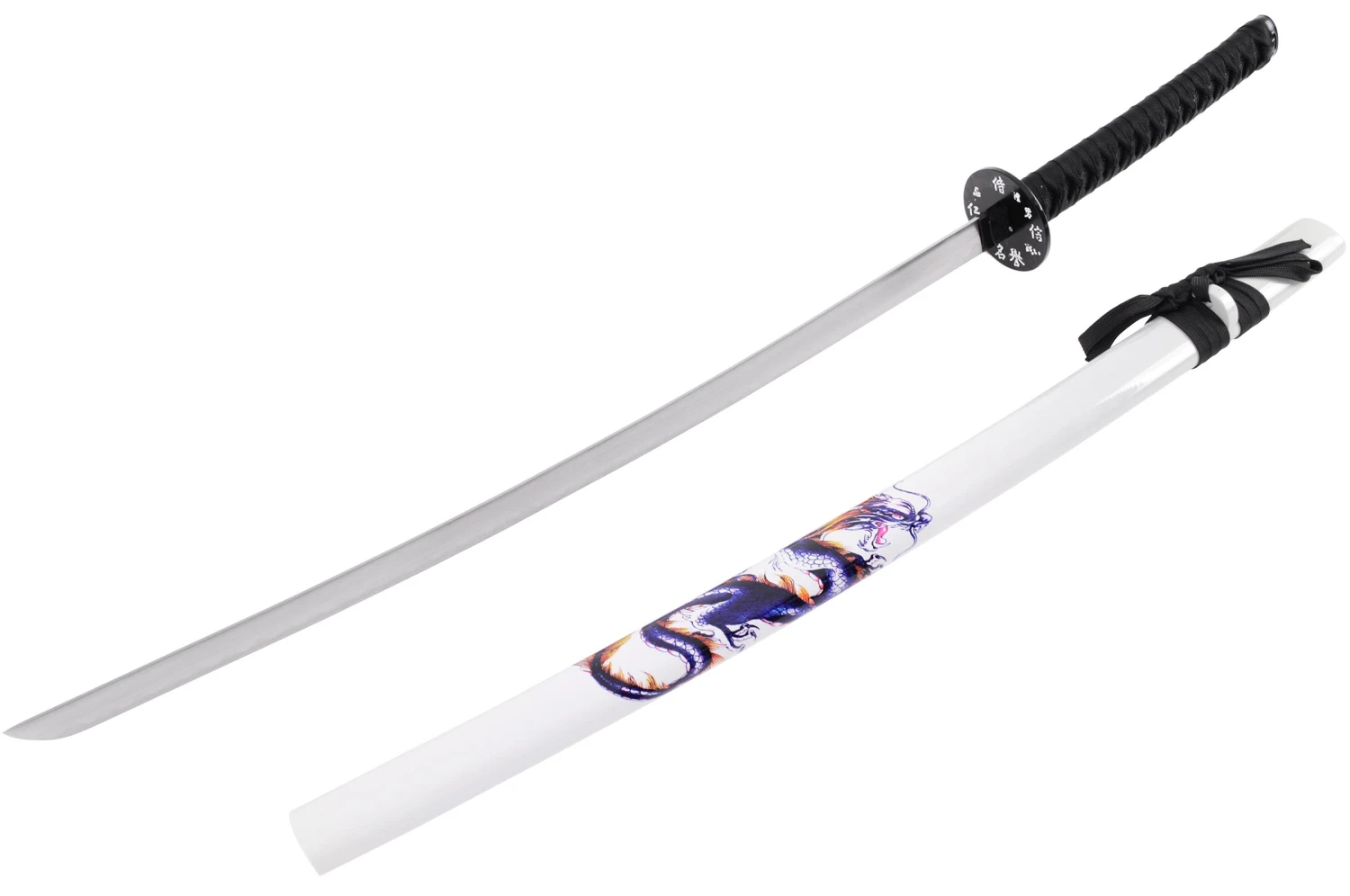 Katana Iaïto Dragon, Blanc & Tressage noir Katana Iaïto Dragon, Blanc & Tressage Noir -Martiaux Fitness Magasin katana iaito dragon blanc tressage noir 1