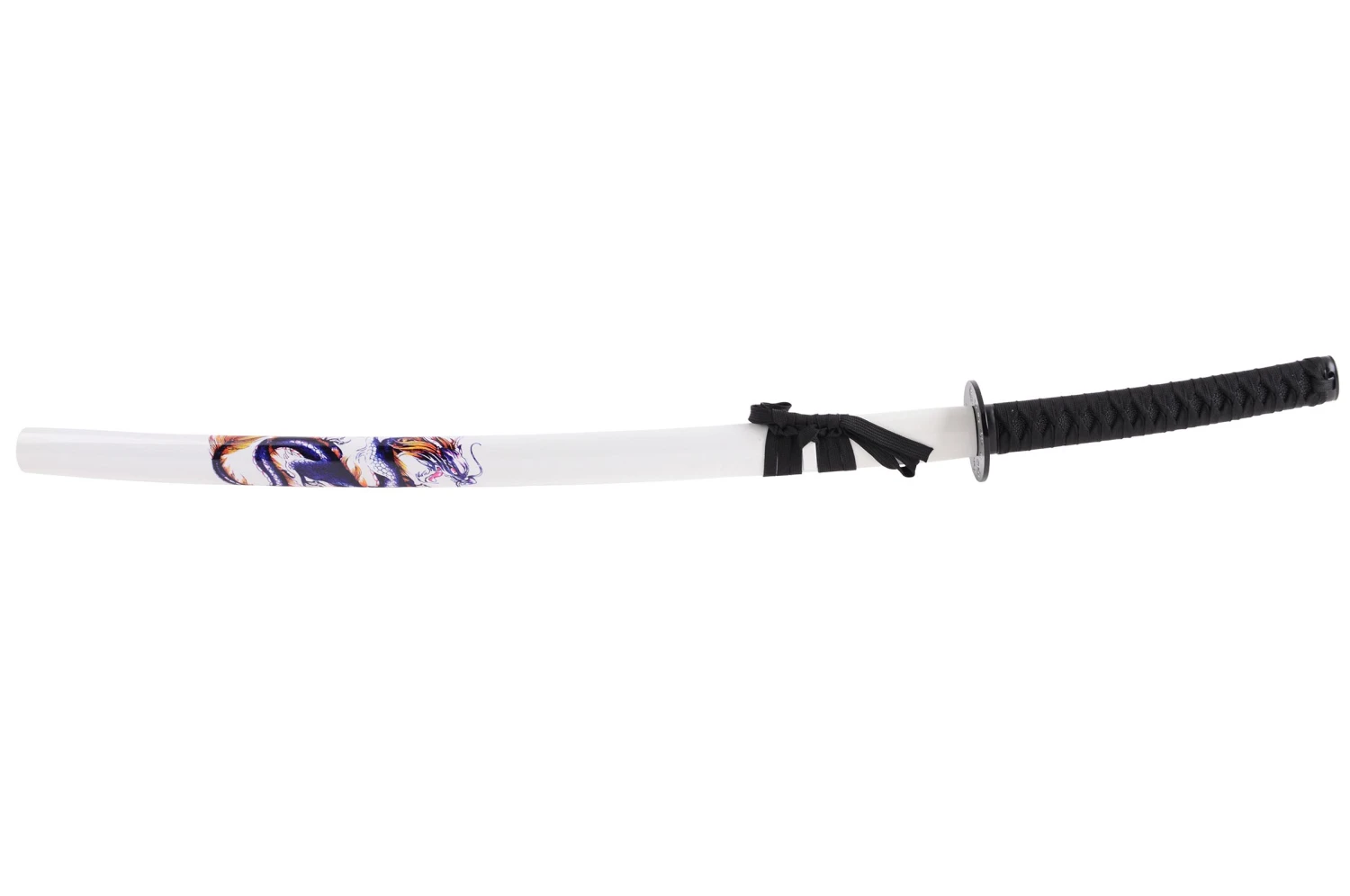 Katana Iaïto Dragon, Blanc & Tressage noir Katana Iaïto Dragon, Blanc & Tressage Noir -Martiaux Fitness Magasin katana iaito dragon blanc tressage noir 3