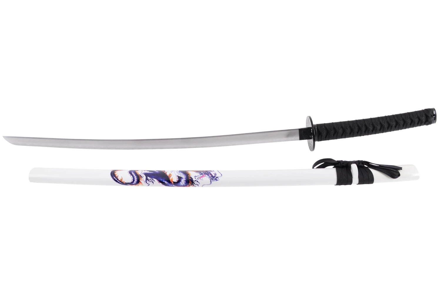 Katana Iaïto Dragon, Blanc & Tressage noir Katana Iaïto Dragon, Blanc & Tressage Noir -Martiaux Fitness Magasin katana iaito dragon blanc tressage noir