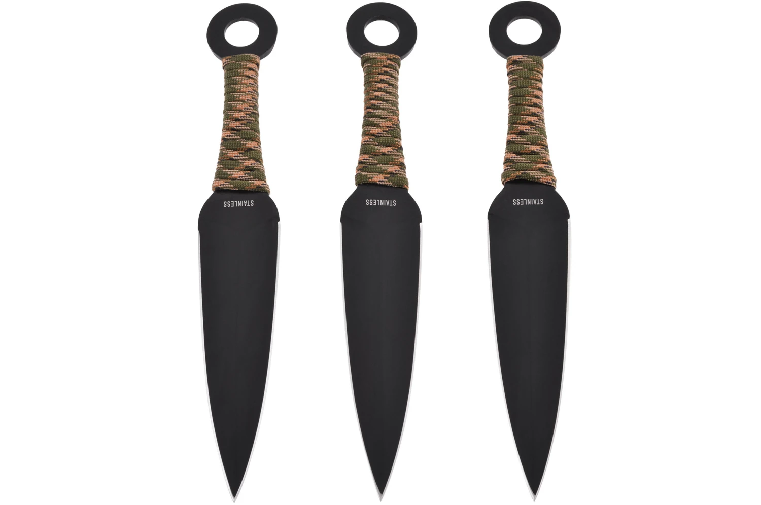 Kunai Acier Inox, tressage camouflage - Lot de 3 (16 cm) Kunai Acier Inox, Tressage Camouflage - Lot De 3 (16 Cm) -Martiaux Fitness Magasin kunai noir manche camouflage lot de 3 1
